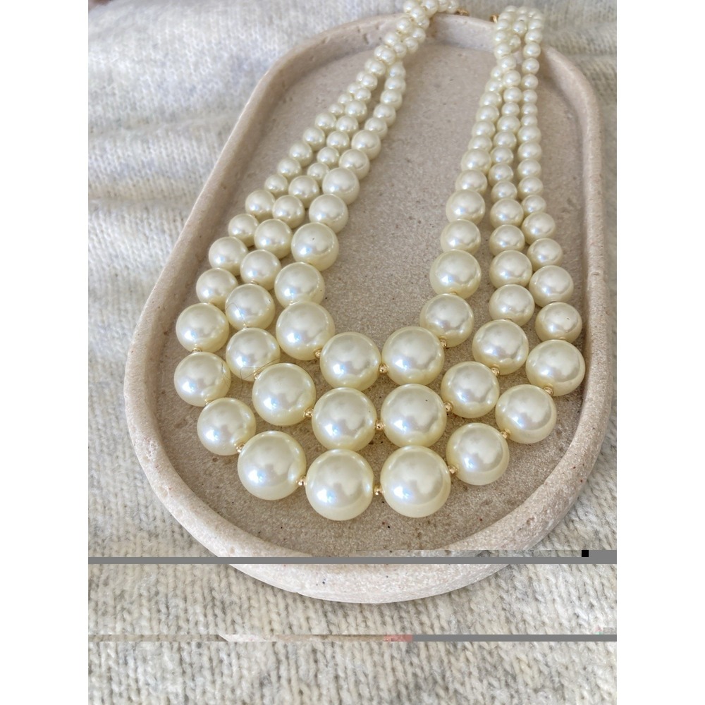 Multi Strand Faux Pearl Statement Necklace Ivory Cream Gold Tone Graduated Beads